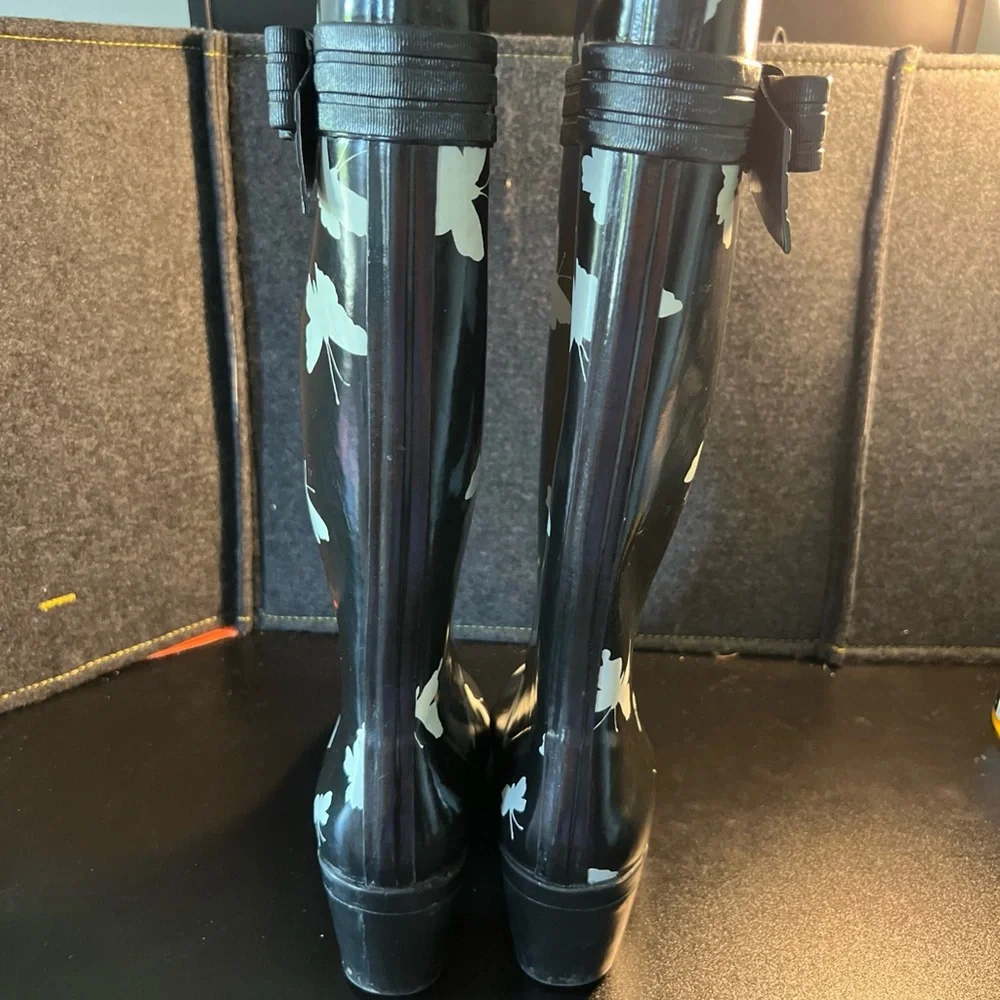 Kate Spade New York Rubber Knee High Rain Boots Black/Cream Butterfly Print Sz 7